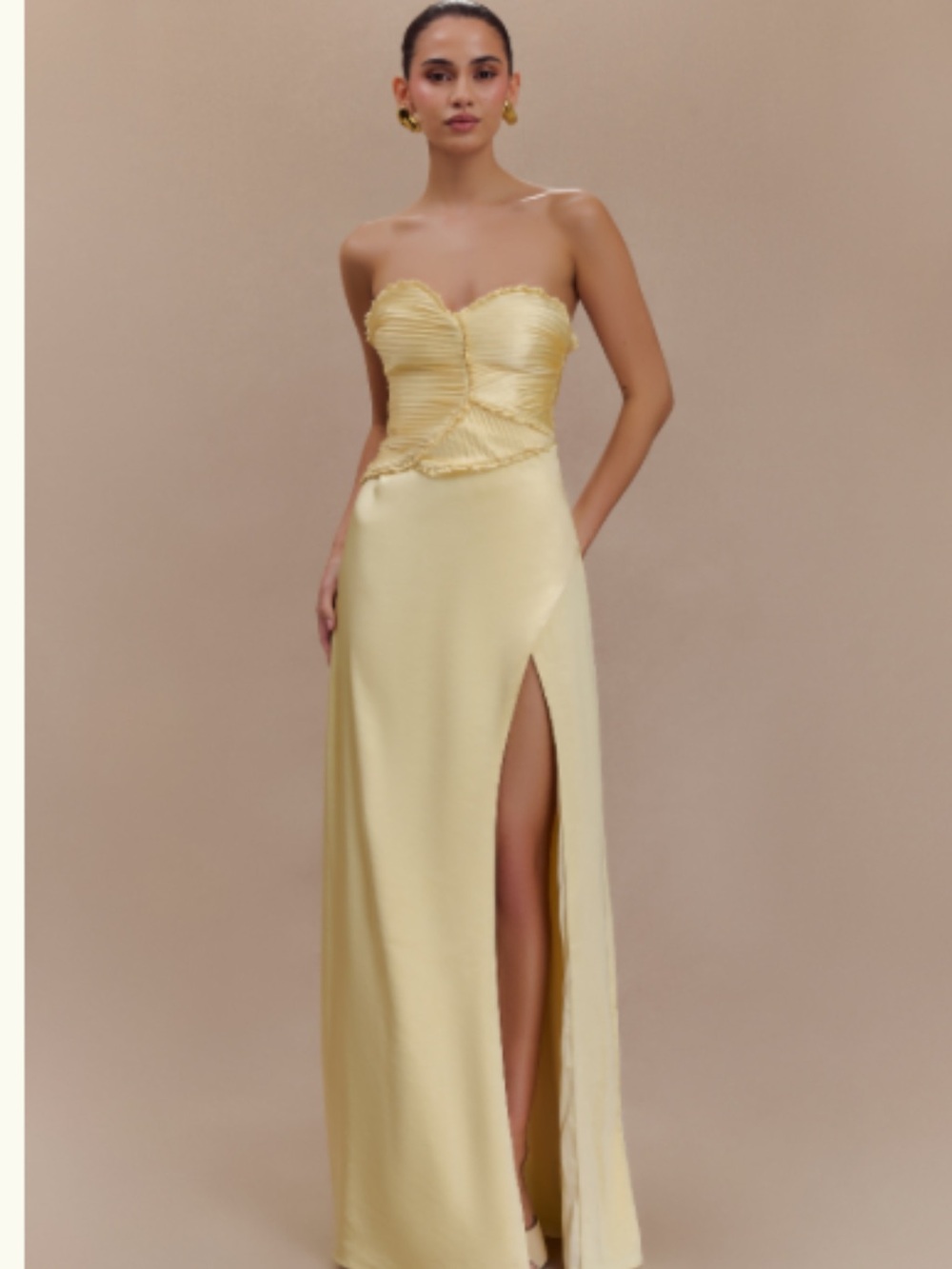 Meshki Pale Yellow Strapless Maxi Gown with High Slit
